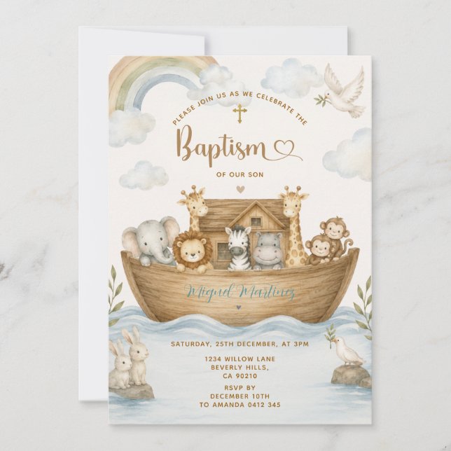 Invitación Bautizo Cristiano del Arca de Noé para Bebé (Anverso)