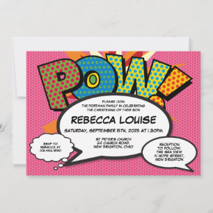 Invitación Bautizo Cristiano Rosa Divertido Libro Cómic Moder