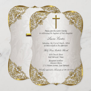 Invitación Bautizo Cruz Damask Perla Beige Dorado
