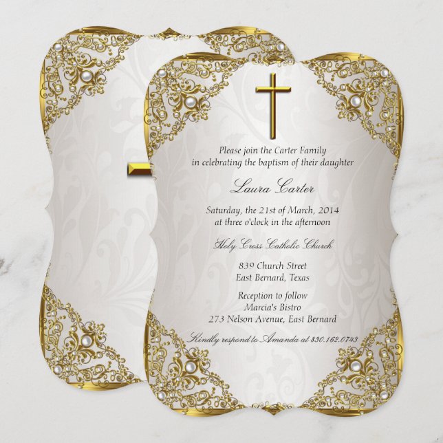 Invitación Bautizo Cruz Damask Perla Beige Dorado (Anverso / Reverso)