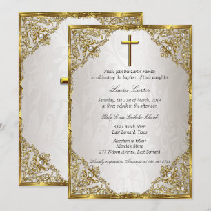 Invitación Bautizo/Cruz de Damasco Perla Beige Dorado