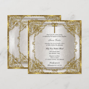 Invitación Bautizo Cruz de Damasco Perla Beige Dorado