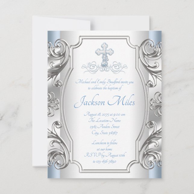 Invitación Bautizo Cruz de Plata Baby Blue (Reverso)