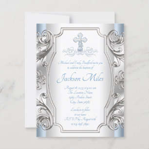 Invitación Bautizo Cruz de Plata Baby Blue