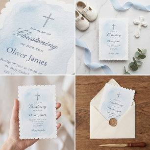 Invitación Bautizo Cruz Elegante Acuarela Azul