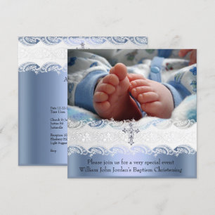 Invitación Bautizo Cruz Joya Foto Encaje Blanco Azul Niño