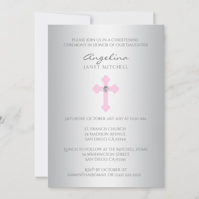 Invitación Bautizo cruzado rosado de plata elegante del (Anverso)