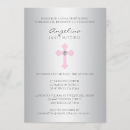 Invitación Bautizo cruzado rosado de plata elegante del