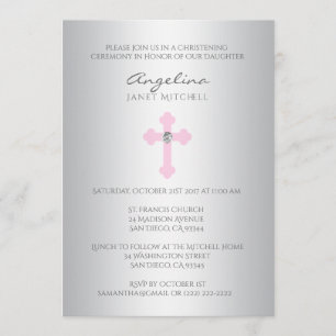 Invitación Bautizo cruzado rosado de plata elegante del
