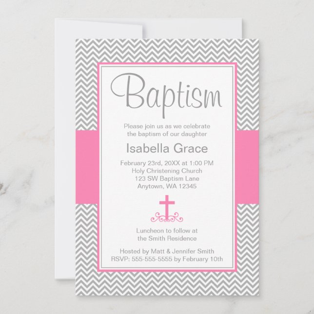 Invitación Bautizo cruzado rosado gris del bautismo del chica (Anverso)