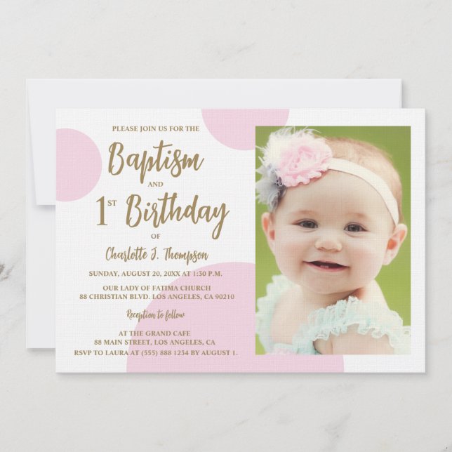 Invitación Bautizo Cumpleaños 1 Foto Personalizado Rosa Dorad (Anverso)