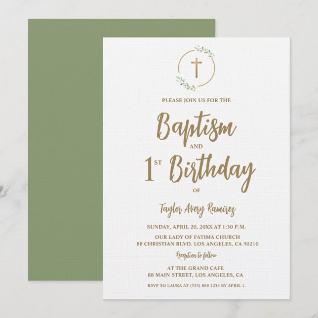 Invitación Bautizo Cumpleaños Primero Corona de follaje Cruz  (Anverso / Reverso)