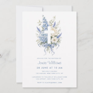 Invitación Bautizo de acuarela floral hydrangea azul