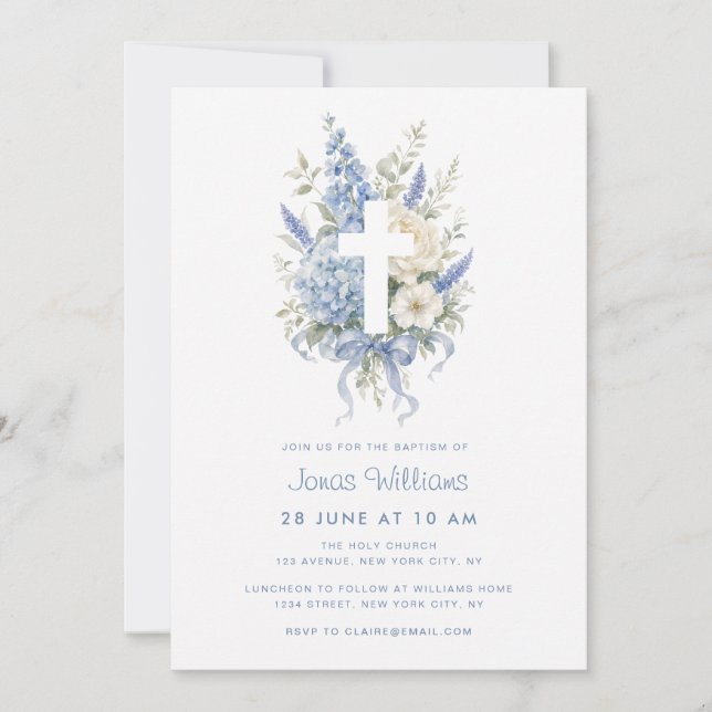 Invitación Bautizo de acuarela floral hydrangea azul (Anverso)