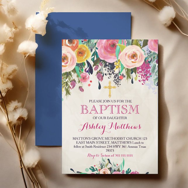 Invitación Bautizo de acuarela floral rosa (Subido por el creador)