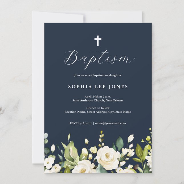 Invitación Bautizo de acuarela neutra con flores de Navy  (Anverso)