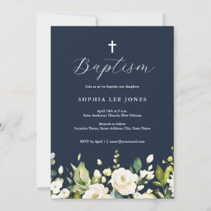 Invitación Bautizo de acuarela neutra con flores de Navy