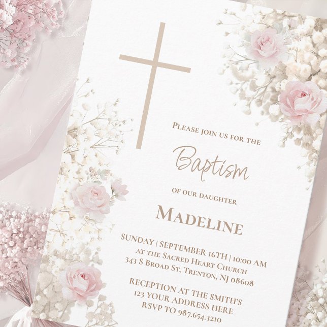 Invitación Bautizo de Aliento de Bebé y rosas rosadas (Subido por el creador)