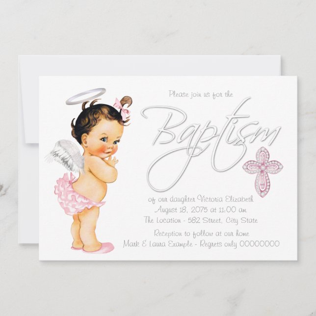 Invitación Bautizo de ángel bebé niña gris rosa (Anverso)