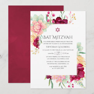 Invitación Bautizo de Bat Mitzvah floral en acuarela burgundy
