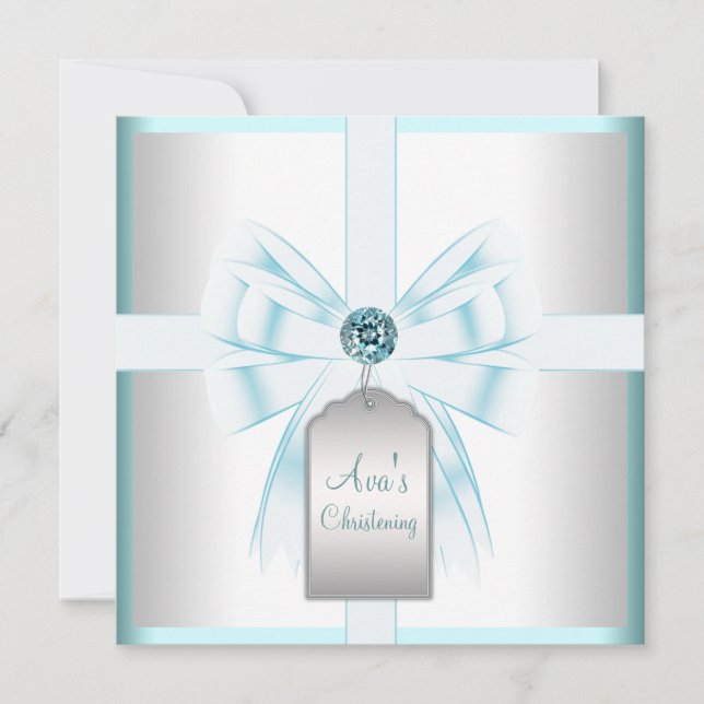 Invitación Bautizo de bebé azul teal blanco (Anverso)