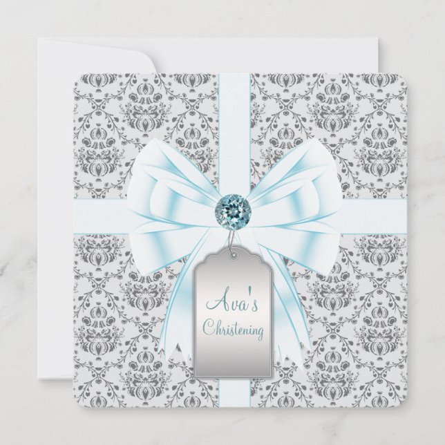 Invitación Bautizo de bebé con damasco azul turquesa (Anverso)