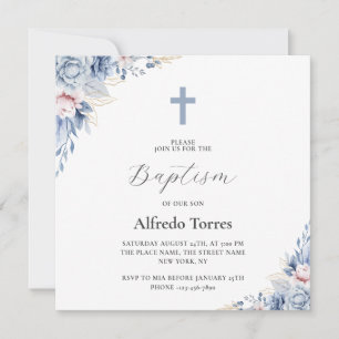 Invitación Bautizo de bebé floral elegante en acuarela azul p