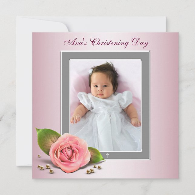 Invitación Bautizo de bebé niña con rosa rosa (Anverso)