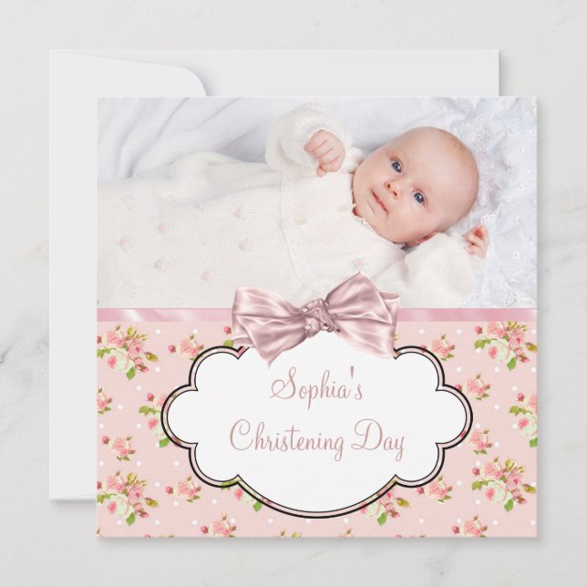 Invitación Bautizo de bebé niña con rosa rosa (Anverso)