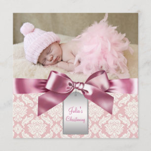 Invitación Bautizo de bebé niña en damasco marfil y rosa
