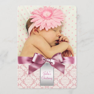 Invitación Bautizo de bebé niña en damasco marfil y rosa