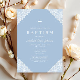 Invitación Bautizo de bebé niño azul encaje elegante