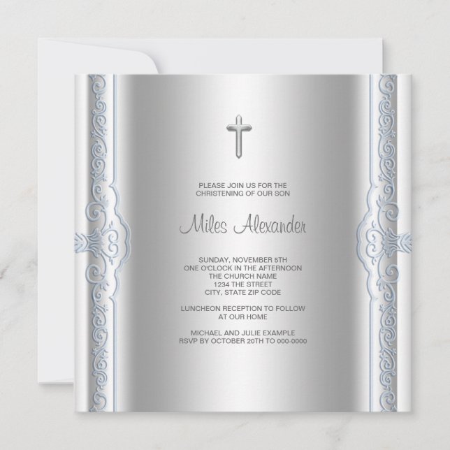 Invitación Bautizo de bebé niño azul plata (Anverso)