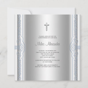 Invitación Bautizo de bebé niño azul plata