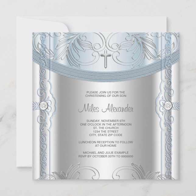 Invitación Bautizo de bebé niño azul plata (Anverso)