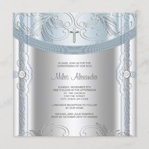 Invitación Bautizo de bebé niño azul plata