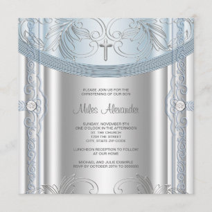 Invitación Bautizo de bebé niño azul plata