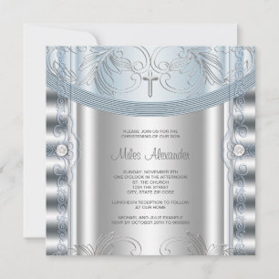 Invitación Bautizo de bebé niño azul plata