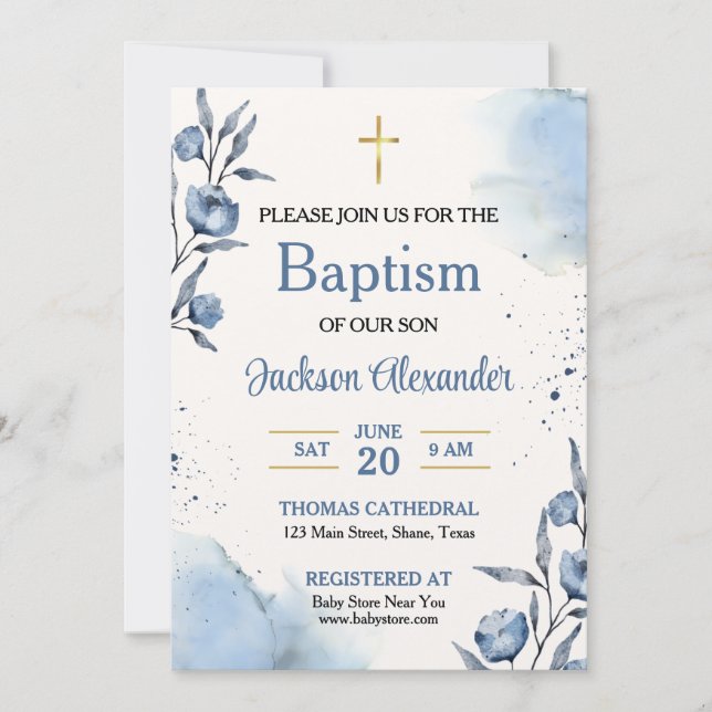 Invitación Bautizo de bebé niño con flores azules pastel (Anverso)