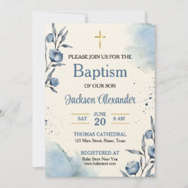 Invitación Bautizo de bebé niño con flores azules pastel