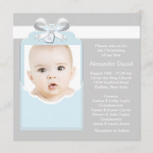 Invitación Bautizo de bebé niño en azul y gris con foto