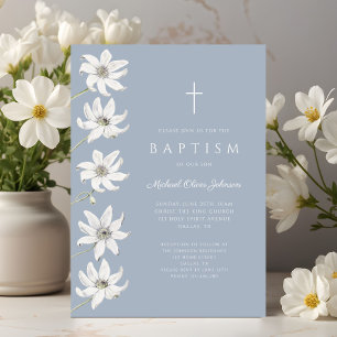 Invitación Bautizo de bebé niño floral azul elegante
