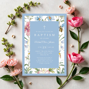 Invitación Bautizo de bebé niño floral vintage elegante