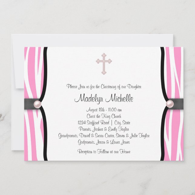 Invitación Bautizo de cebra rosa (Anverso)