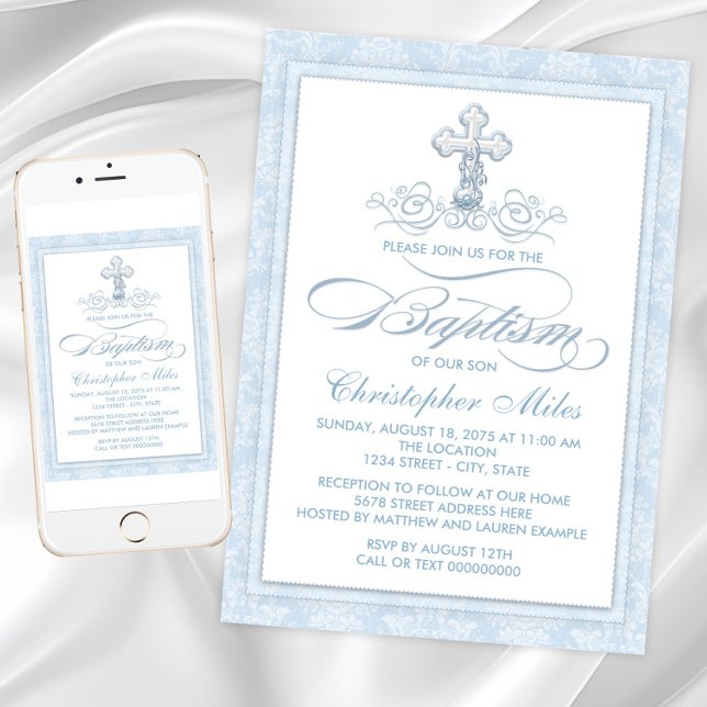 Invitación Bautizo de Cruz de Damasco Azul (Blue damask baptism invitation with fancy script and pearl cross. For Instant download and print.)