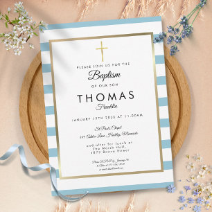 Invitación Bautizo de Cruz Dorada con Rayas Azules, Bautizo