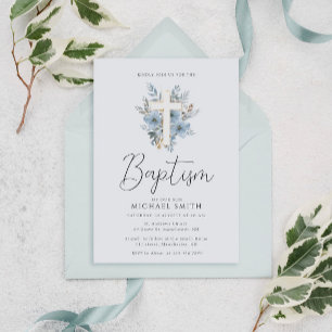 Invitación bautizo de cruz floral azul acuarela