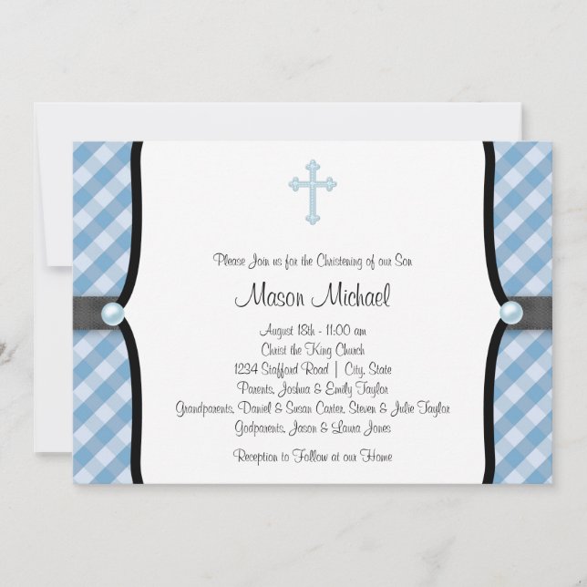 Invitación Bautizo de Cuadros Azules Perla Negra Azul (Anverso)