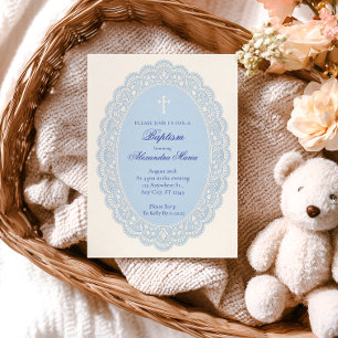 Invitación Bautizo de encaje floral azul en polvo