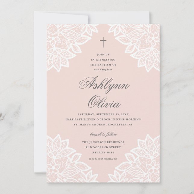 Invitación Bautizo de encaje rosa y confirmación (Anverso)